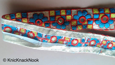 Gold Mirrored Fabric Trim With Blue, Yellow And Red Floral And Square Embroidery, Approx. 32mm Wide
